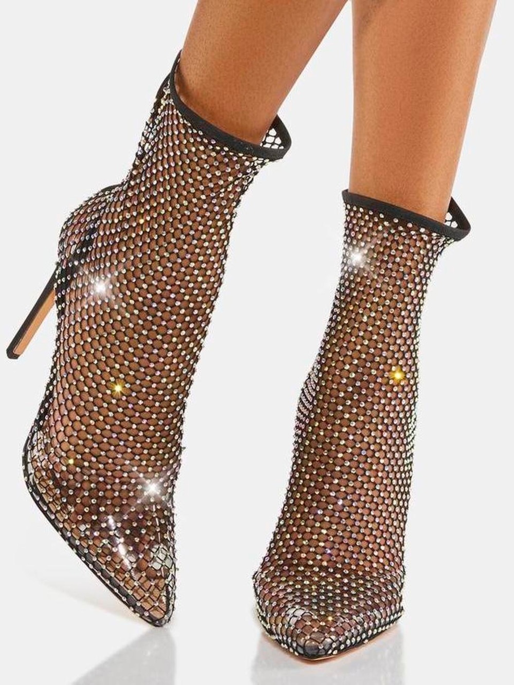 Black Rhinestone Fishnet Stiletto Booties